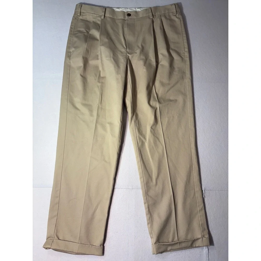 Orvis Mens Pleated Chino Pants 38 Khaki Tan Cotton Cuffed Dress Trousers RN70534